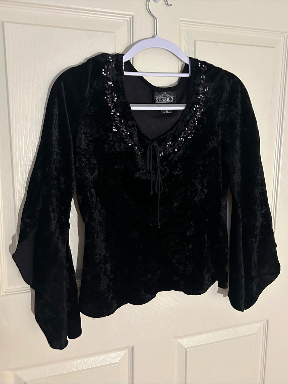Angie Black Velvet Blouse Size Medium Sequin-Trim Tie Front Flowy Sleeves
